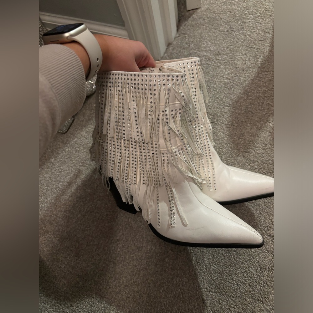 nasty gal white fringe boots
